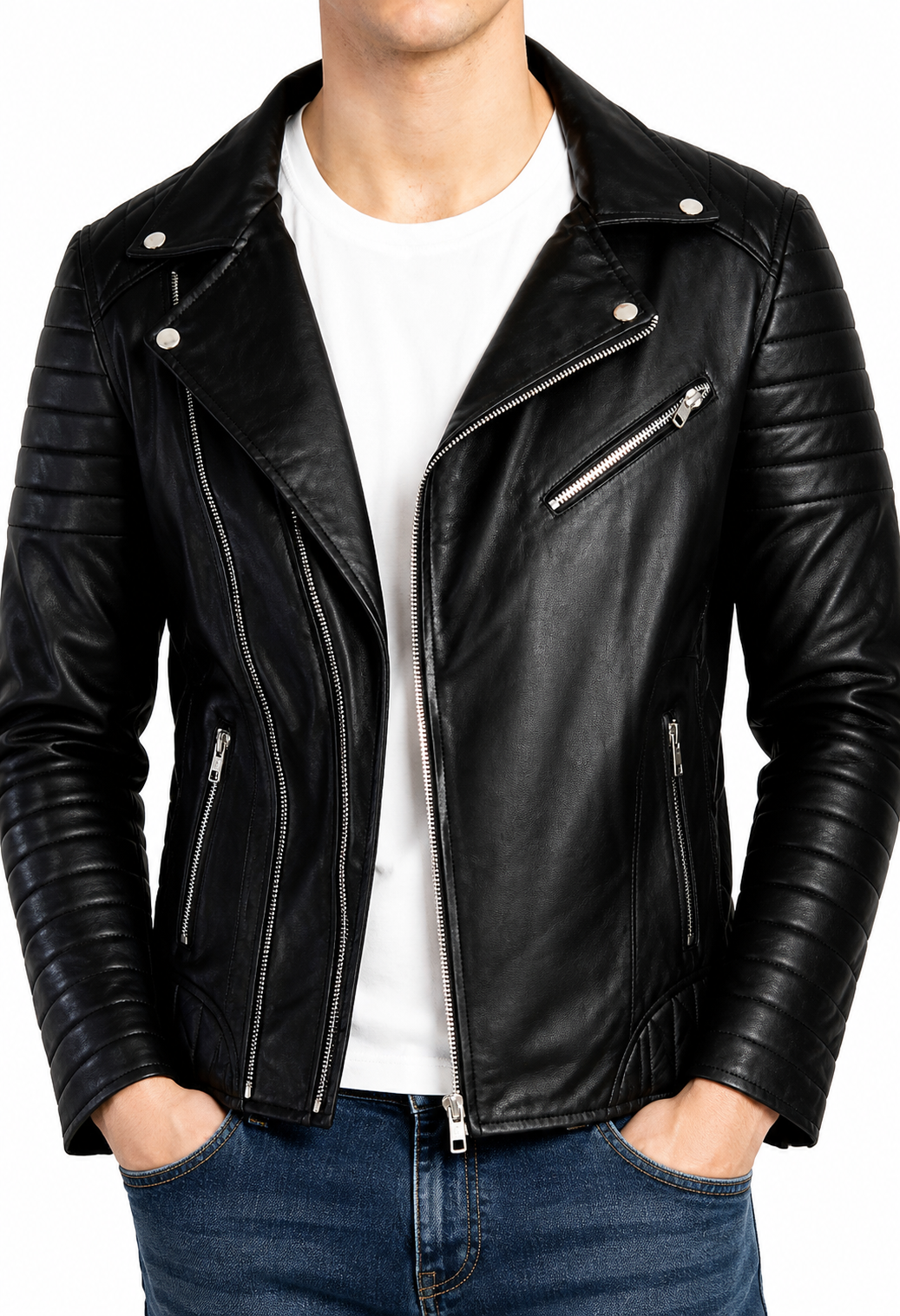 FAUX LEATHER DOUBLE CHAIN RIDER JACKET