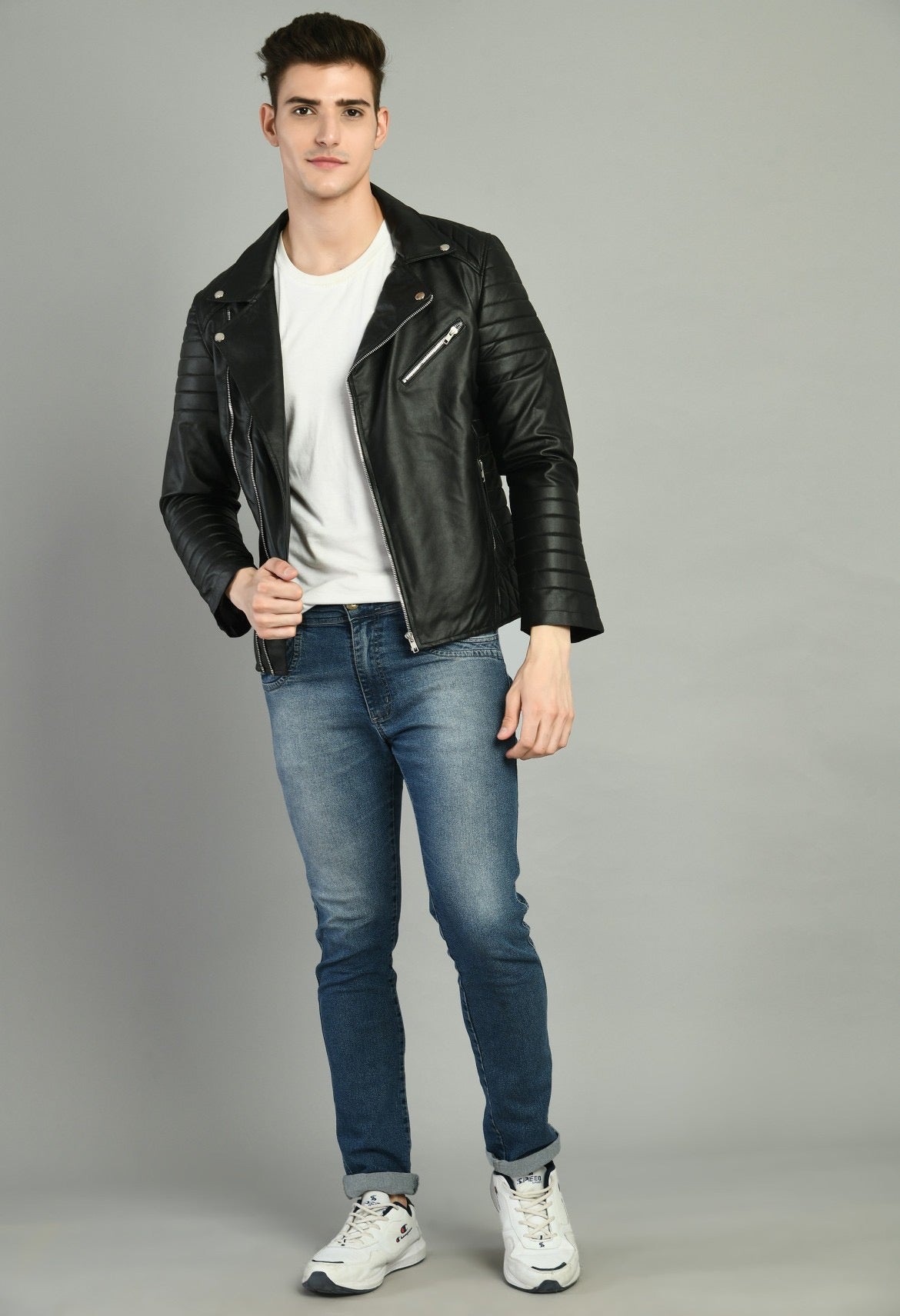 FAUX LEATHER DOUBLE CHAIN RIDER JACKET